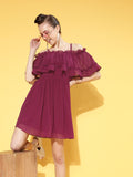 Athena Women Deep Burgundy Solid Feminine Frills Dress