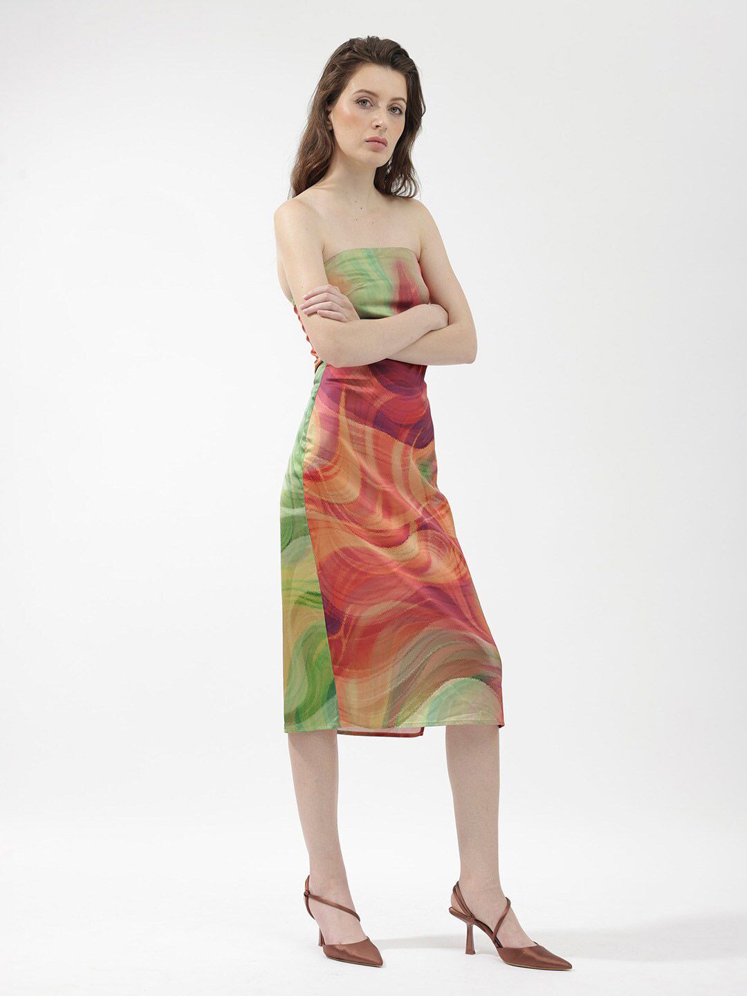 RAREISM Abstract Printed Strapless Bodycon Midi Dress
