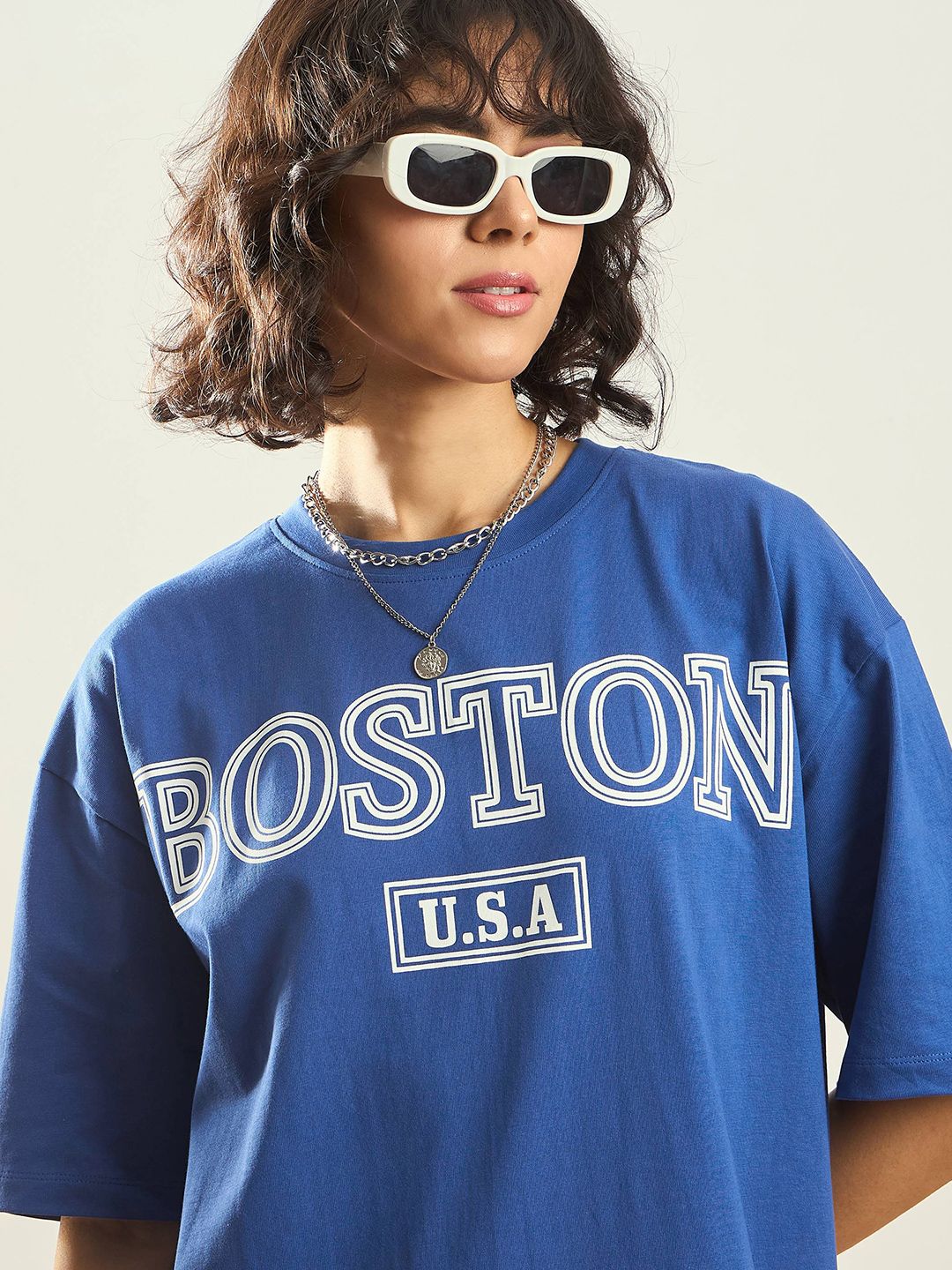 SASSAFRAS Blue Typographic Printed Pure Cotton Oversized T-shirt Dress