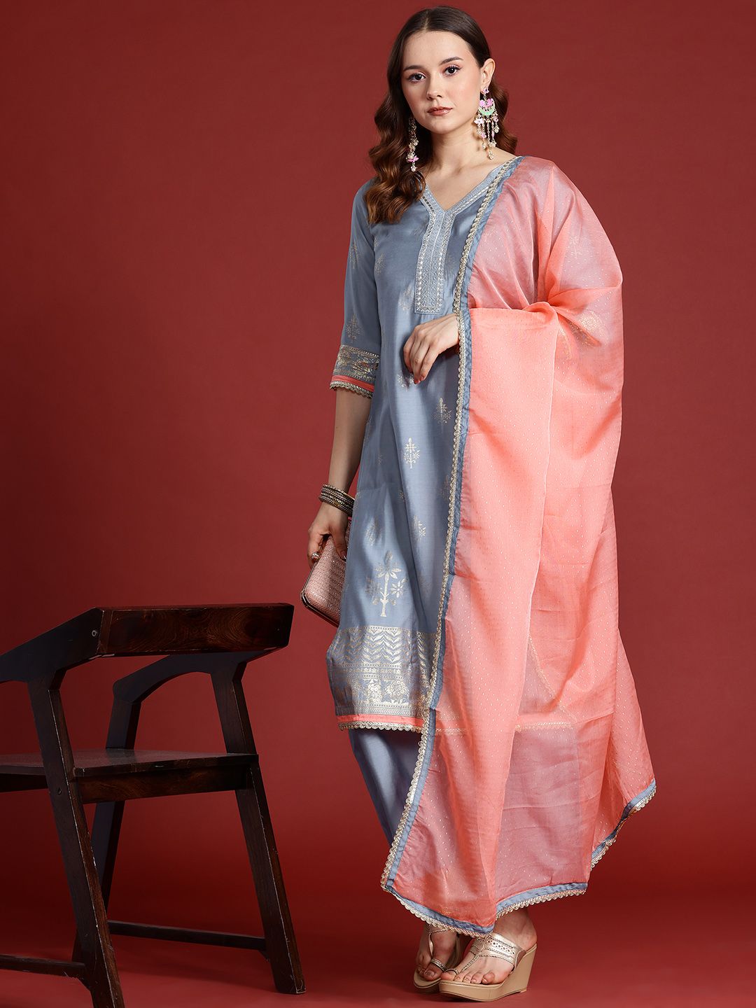 Anouk Printed Thread Work Kurta with Palazzos & Dupatta