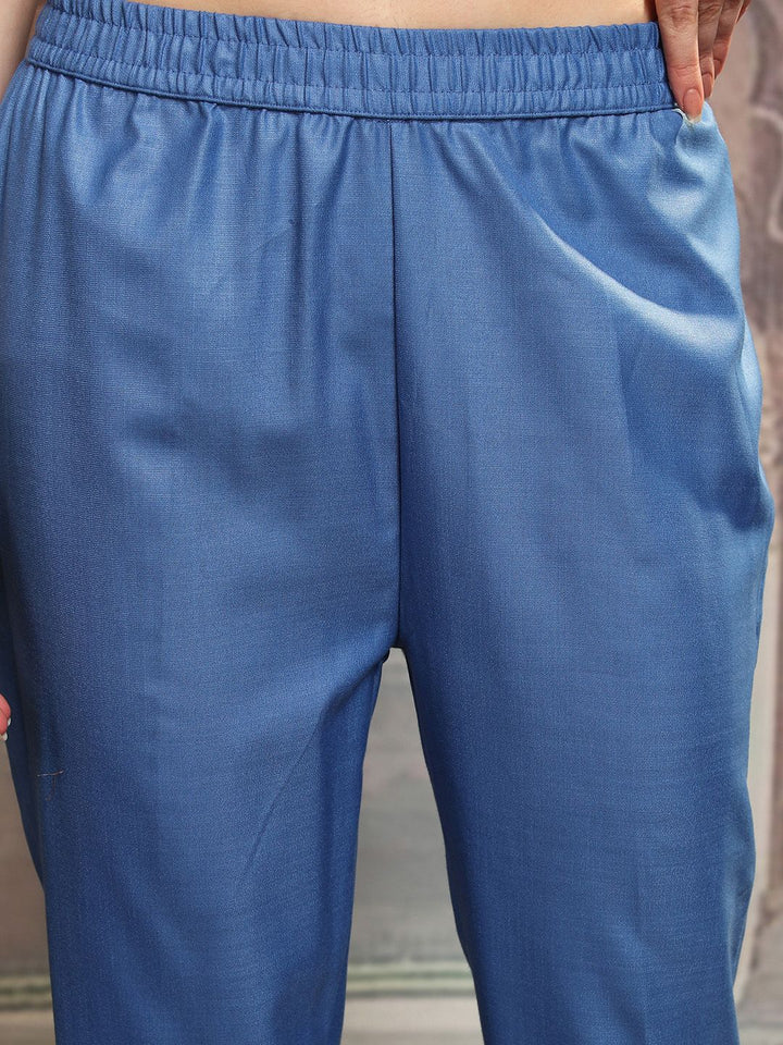 Vishudh Blue Ethnic Motifs Yoke Design Straight Kurta With Trousers & Dupatta