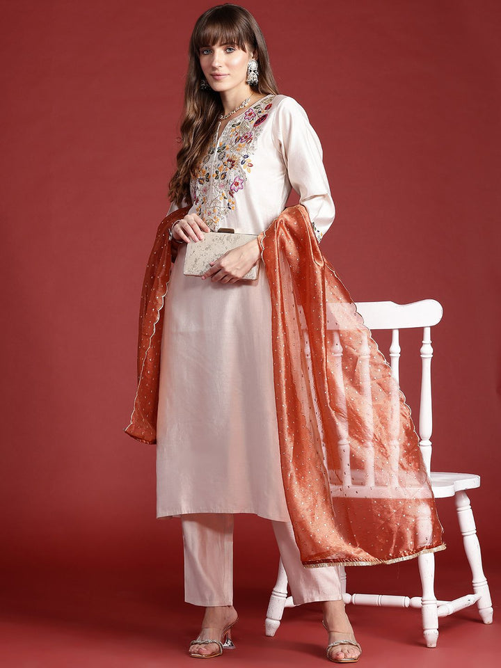 Indo Era Ethnic Motifs Embroidered Thread Work Liva Kurta With Trousers & Dupatta