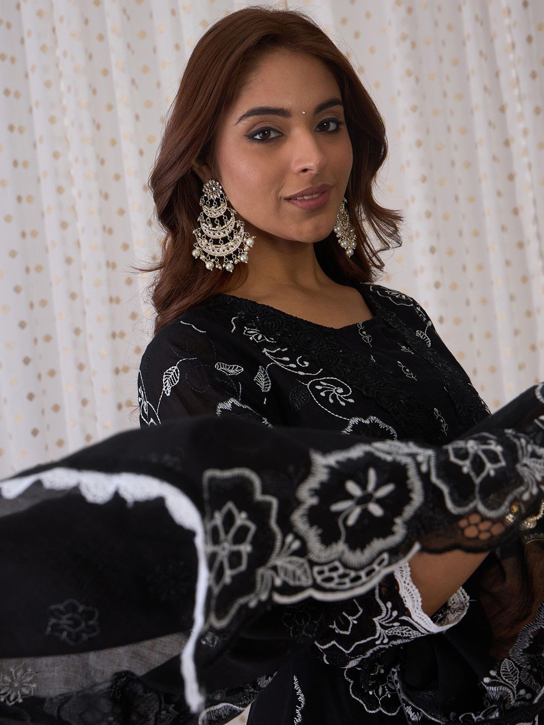 Indo Era Floral Embroidered Panelled Pure Cotton A-Line Kurta With Trouser & Dupatta