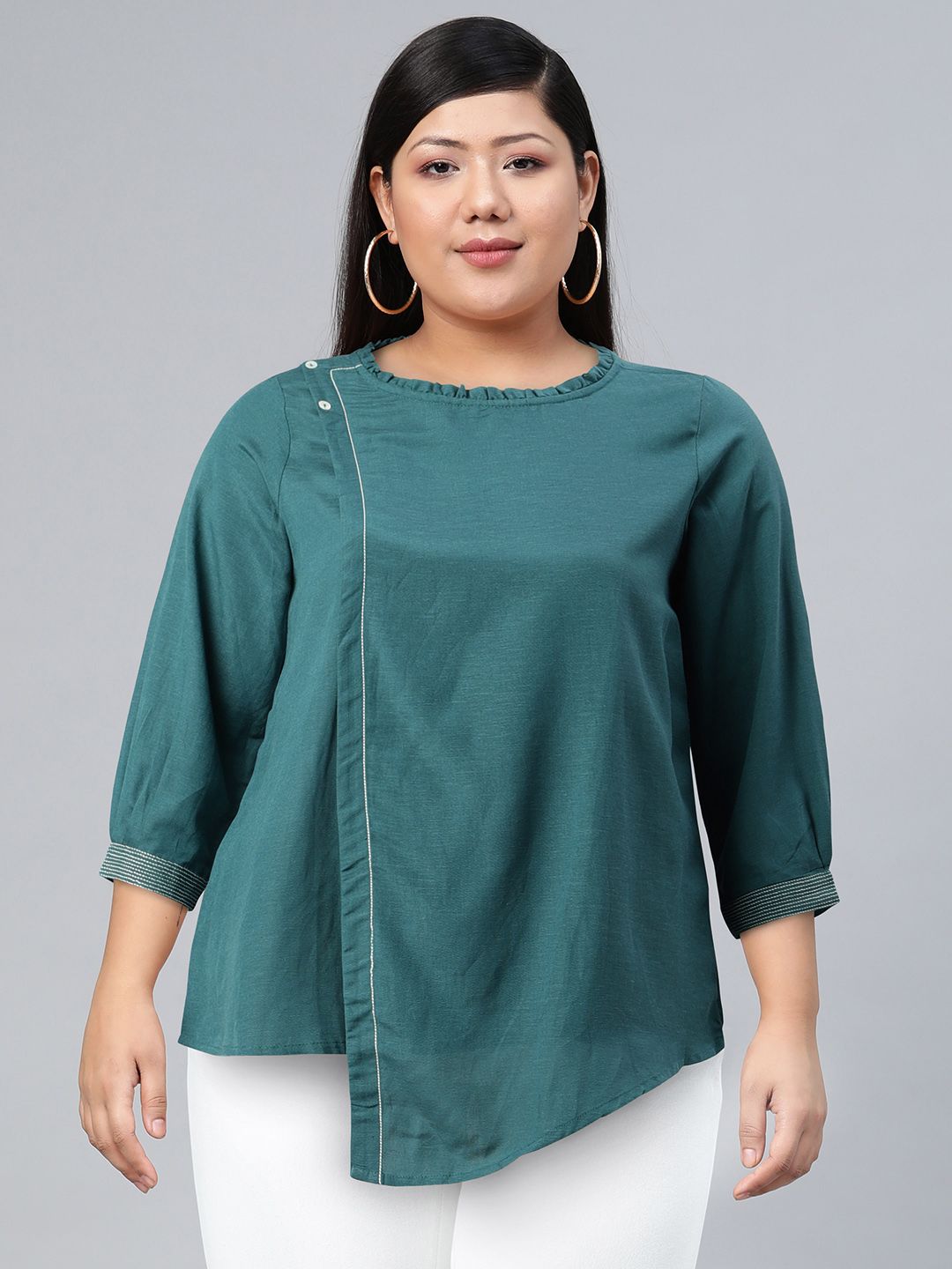 Global Desi Teal Green Solid Asymmetric Hem Top