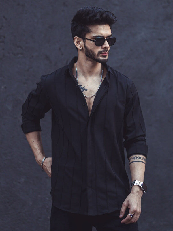 Powerlook Black Vertical Striped Dobby Casual Shirt