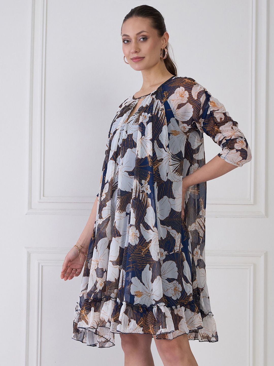 Antheaa Floral Print Keyhole Neck Chiffon Fit & Flare Dress