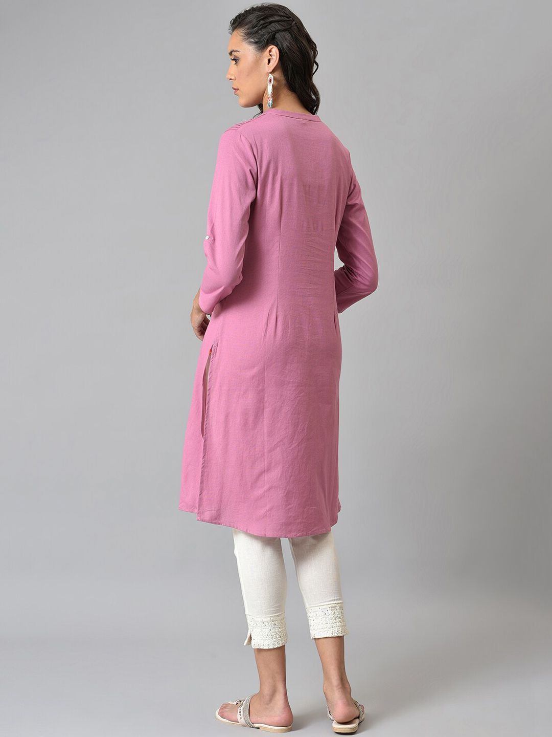 W Pink Roll-Up Sleeves Pathani Kurta