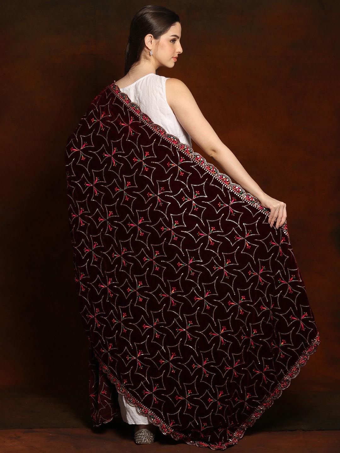 Exotic India Cabernet Velvet Dupatta with Zari and Sequinned Diamond Pattern