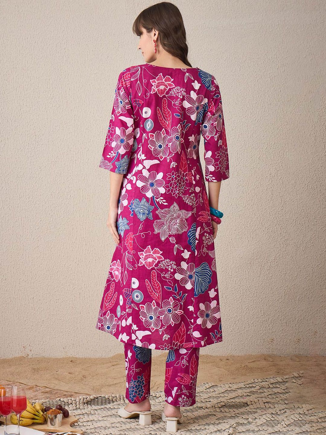 Indo Era Women Floral Printed Regular Pure Cotton Kurta with Trousers