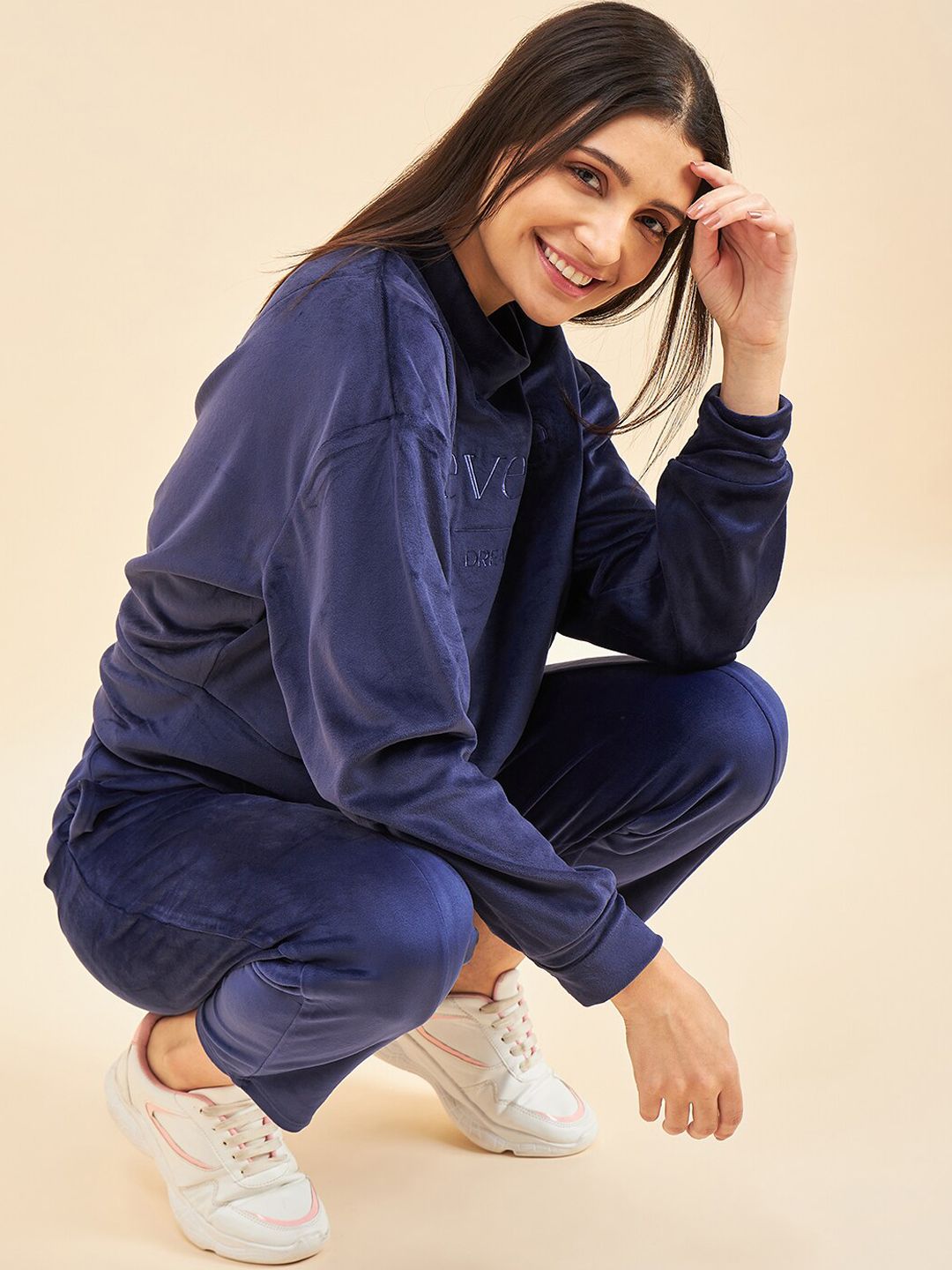 Sweet Dreams Navy Blue Typography Printed Mock Collar Tracksuit