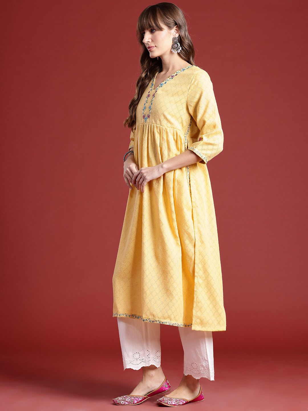Anouk Geometric Woven Design Thread Work Detail Empire-Style A-Line Kurta