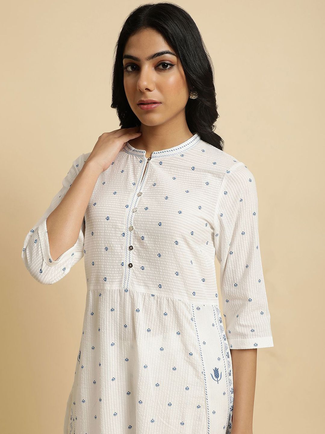 W Floral Printed Pure Cotton Straight Kurta with Trousers