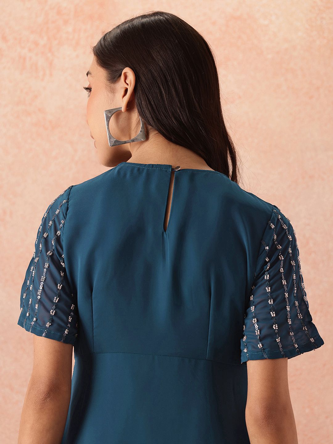 all about you Sequined Flared Sleeves Fit & Flare Dress