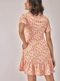 The Label Life Floral Printed Cuban Collar Gathered Drop-Waist Dress