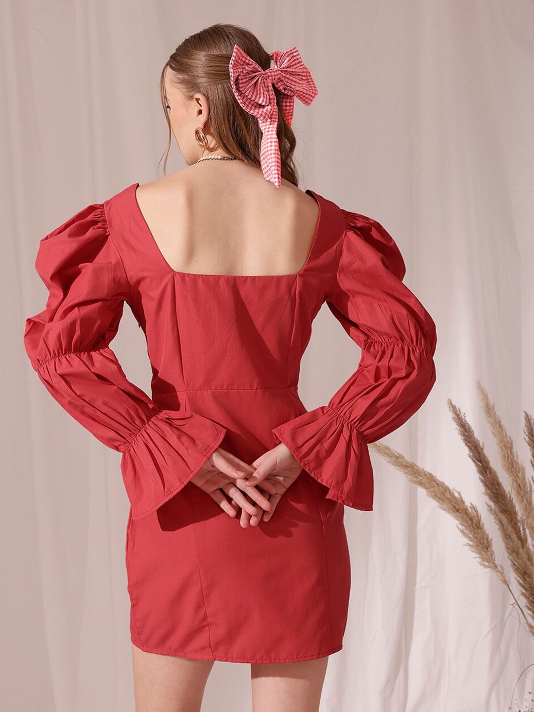 STREET 9 Tie Up Neck Puff Sleeve Pure Cotton Blouson Midi Dress