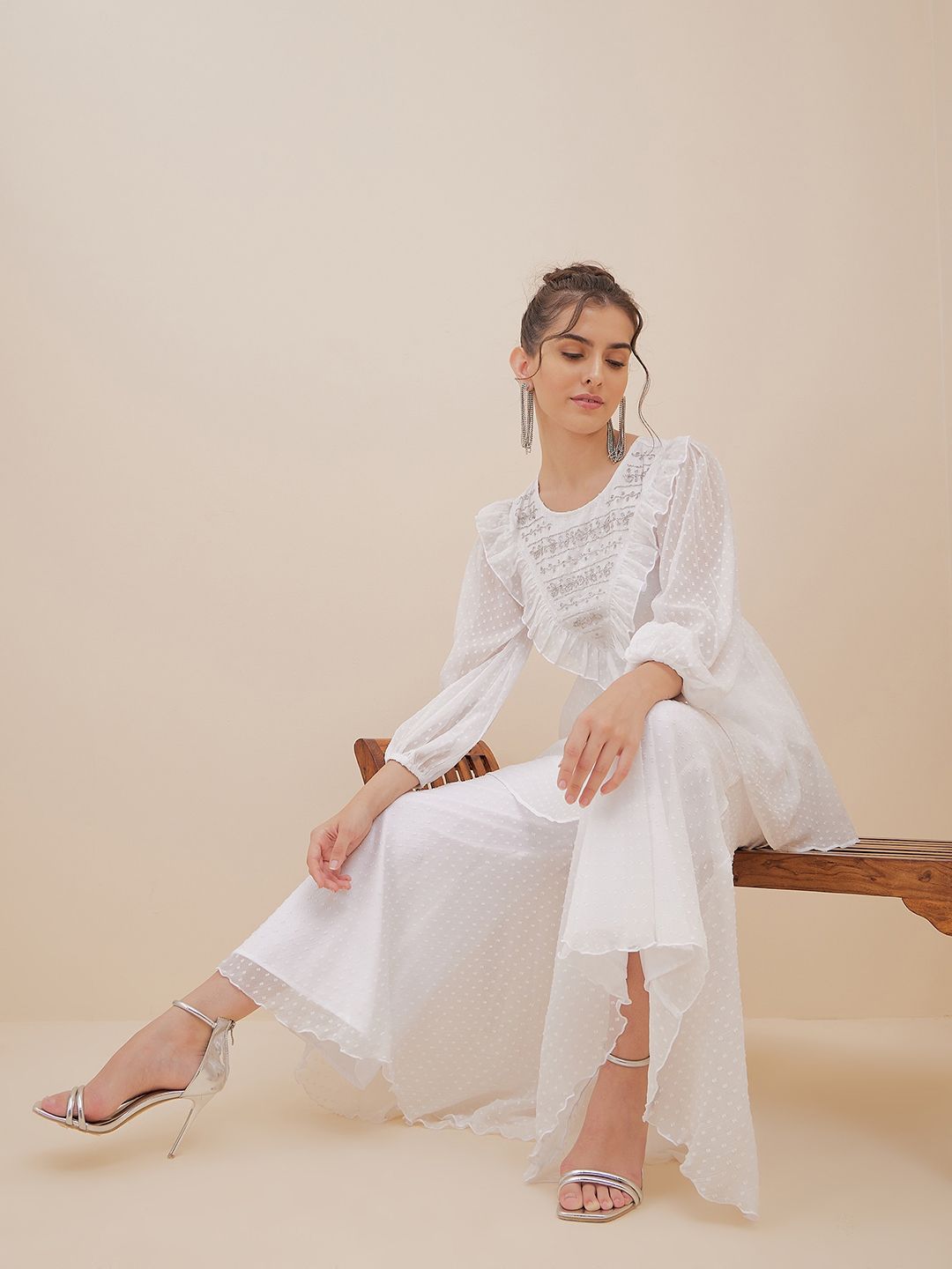 Antheaa Off White Self Design Embellished Puffed Sleeves Top With Palazzos