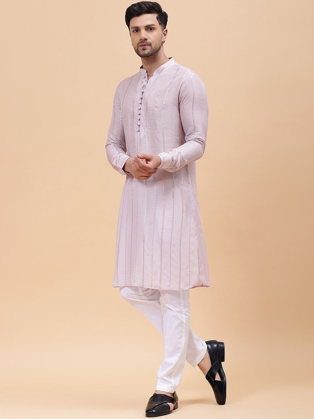 See Designs Woven Design Mandarin Collar Kurta with Pyjamas