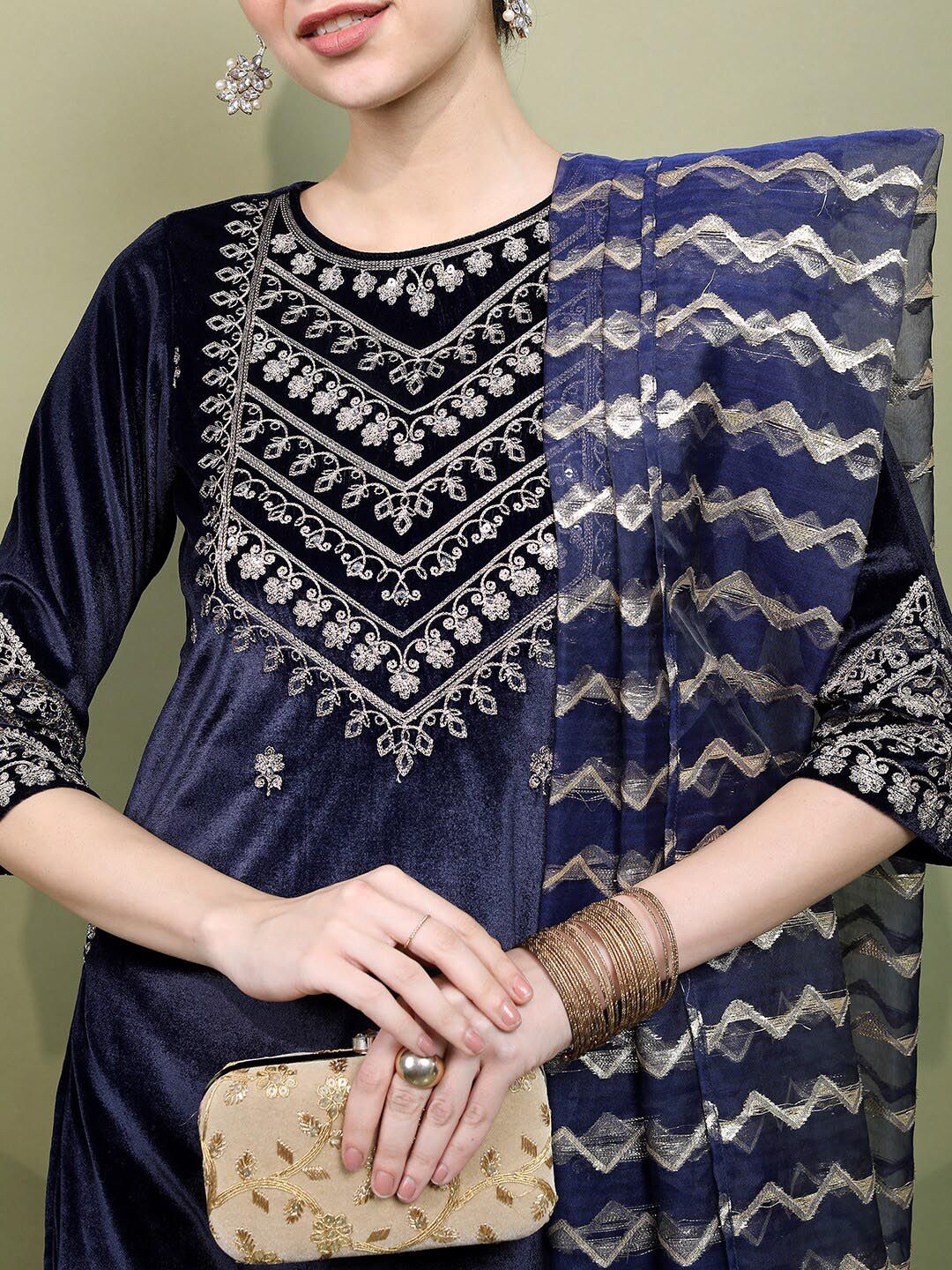 Vishudh Women Embroidered Knitted Velvet Kurta with Palazzo & With Dupatta