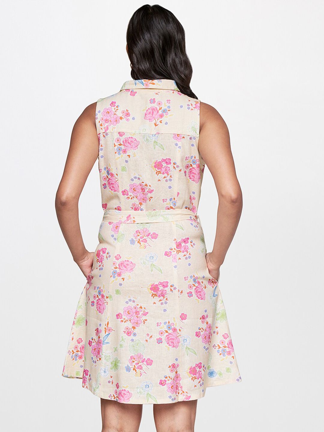 AND Sleeveless Floral Printed Belted Shirt Dress