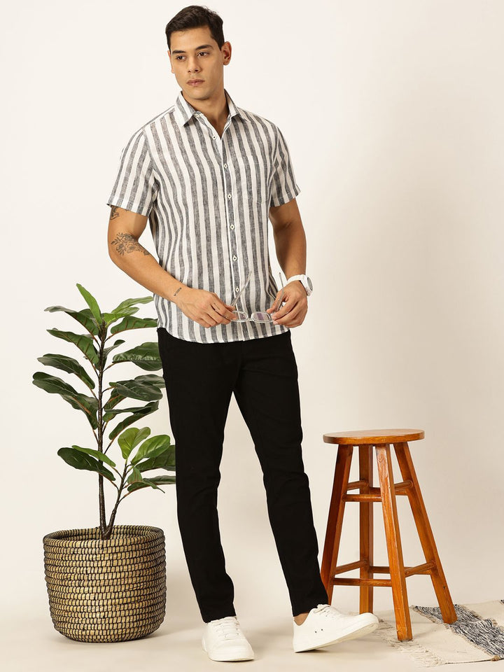 Thomas Scott Men Premium Vertical Stripes Cotton & Linen Casual Shirt