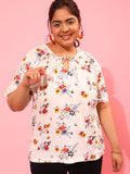 CURVY STREET Tie-Up Neck Floral Printed Top