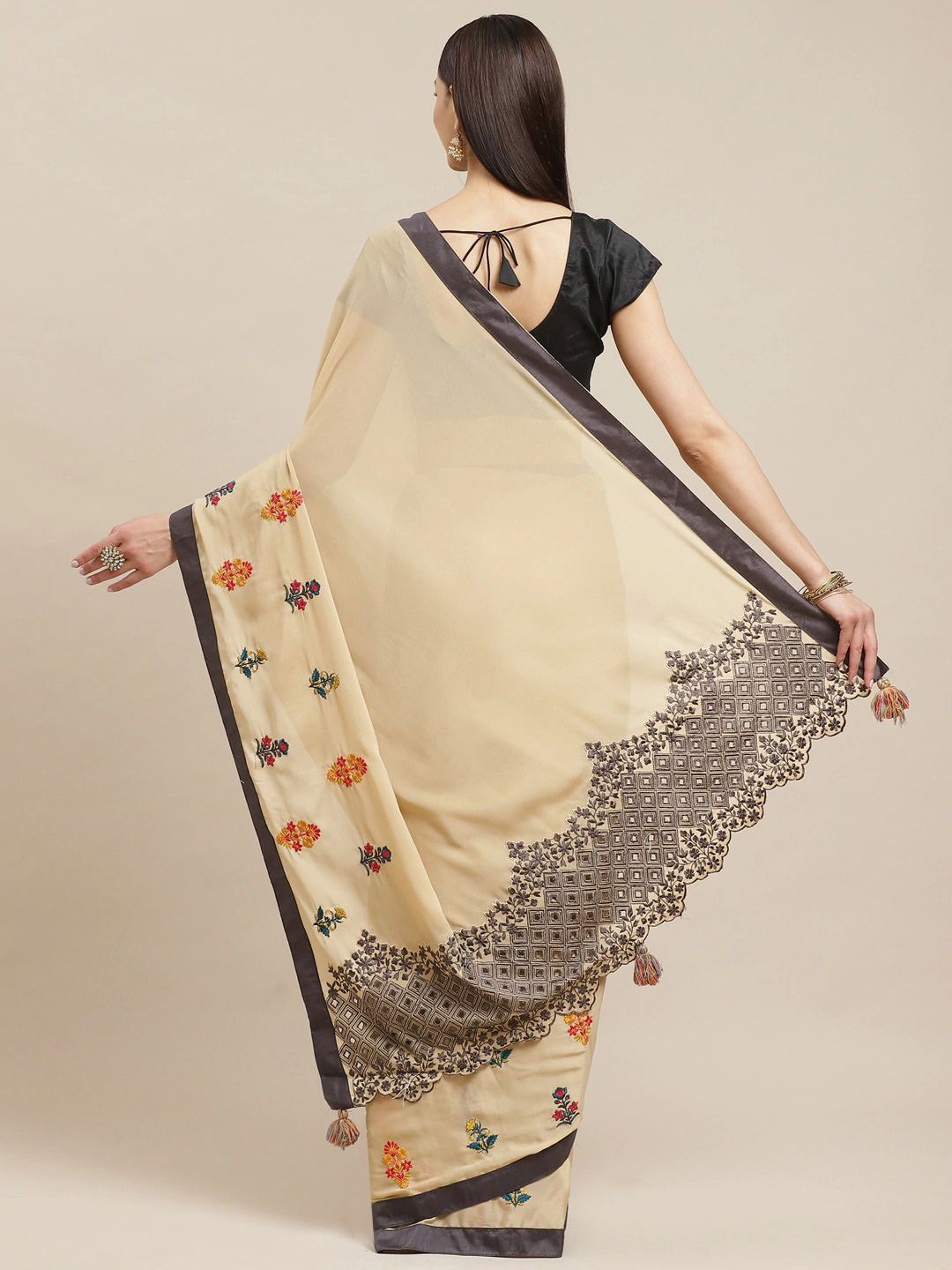 KALINI Floral Embroidered Satin Saree