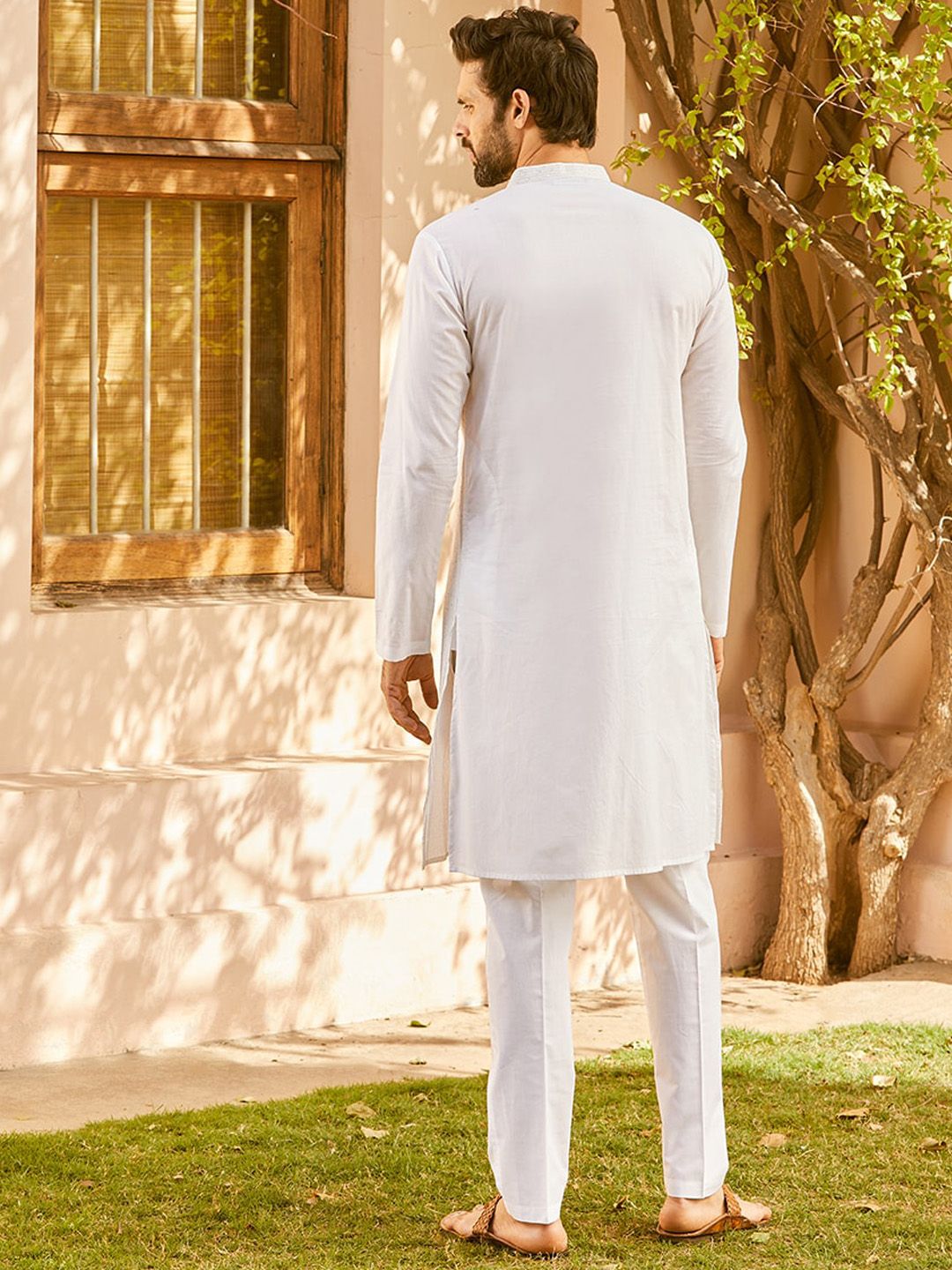 See Designs Striped Embellished Zari Mandarin Collar Cotton Straight Kurta