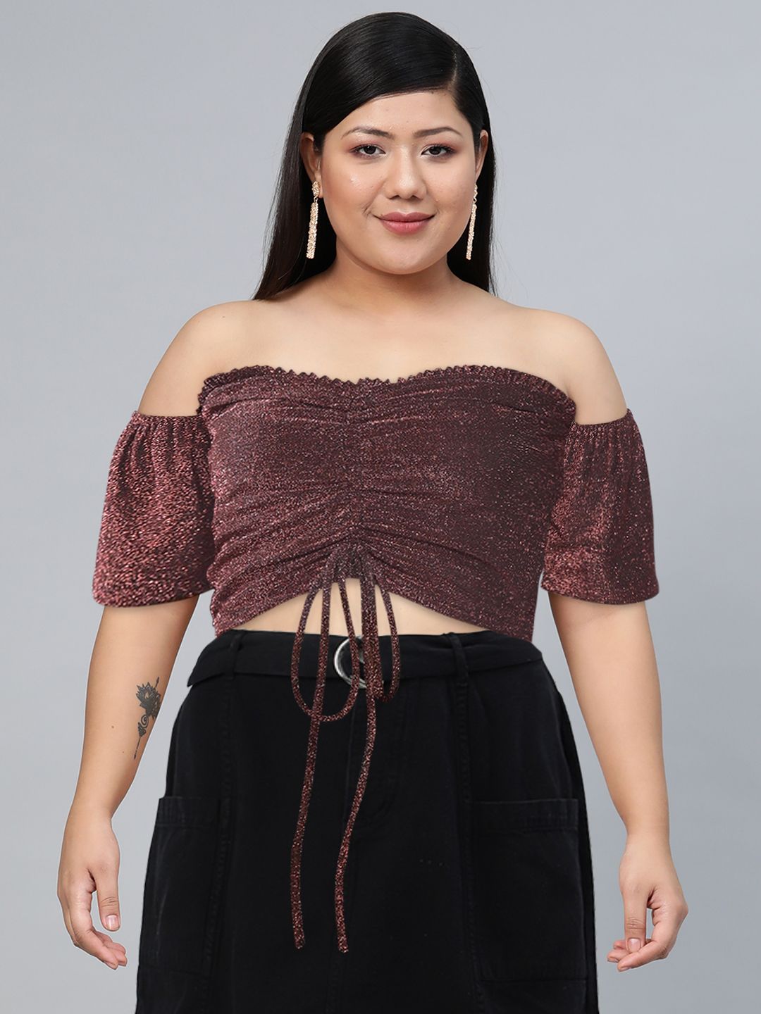 SASSAFRAS Women Pink Embellished Off-Shoulder Crop Top