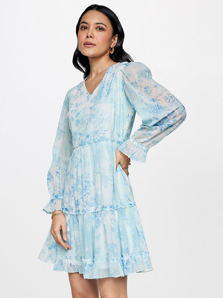 AND Floral Printed V-Neck Bell Sleeve Gathered Tiered Fit & Flare Dress