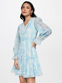 AND Floral Printed V-Neck Bell Sleeve Gathered Tiered Fit & Flare Dress