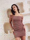 Berrylush Brown Off-Shoulder Bodycon Dress