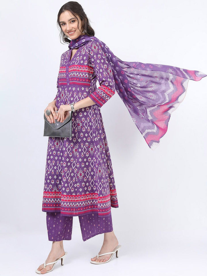 Vishudh Women Purple Printed Empire Pure Cotton Anarkali Kurta With Trousers And Dupatta
