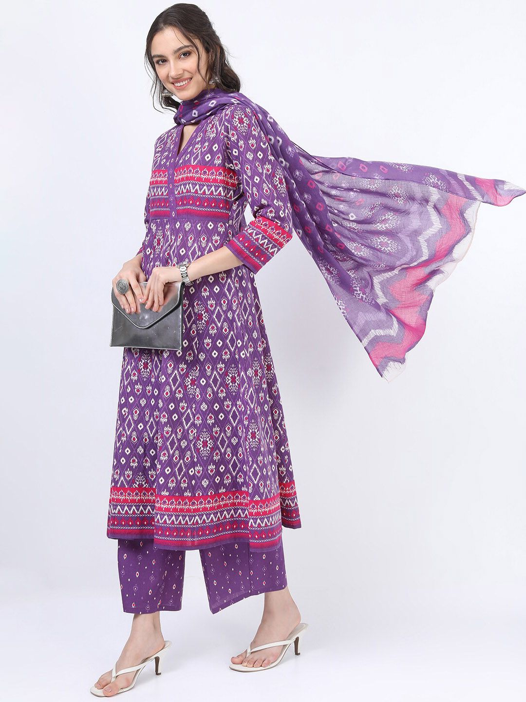 Vishudh Women Purple Printed Empire Pure Cotton Anarkali Kurta With Trousers And Dupatta