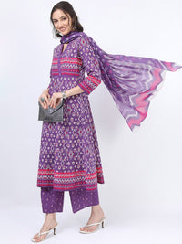 Vishudh Women Purple Printed Empire Pure Cotton Anarkali Kurta With Trousers And Dupatta