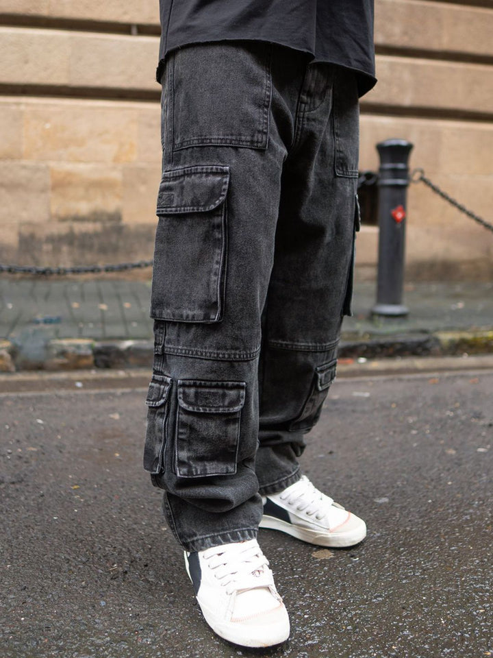 Powerlook Men Loose Fit Cargos Charcoal Black Multi Pockets Baggy Fit Denim Jeans