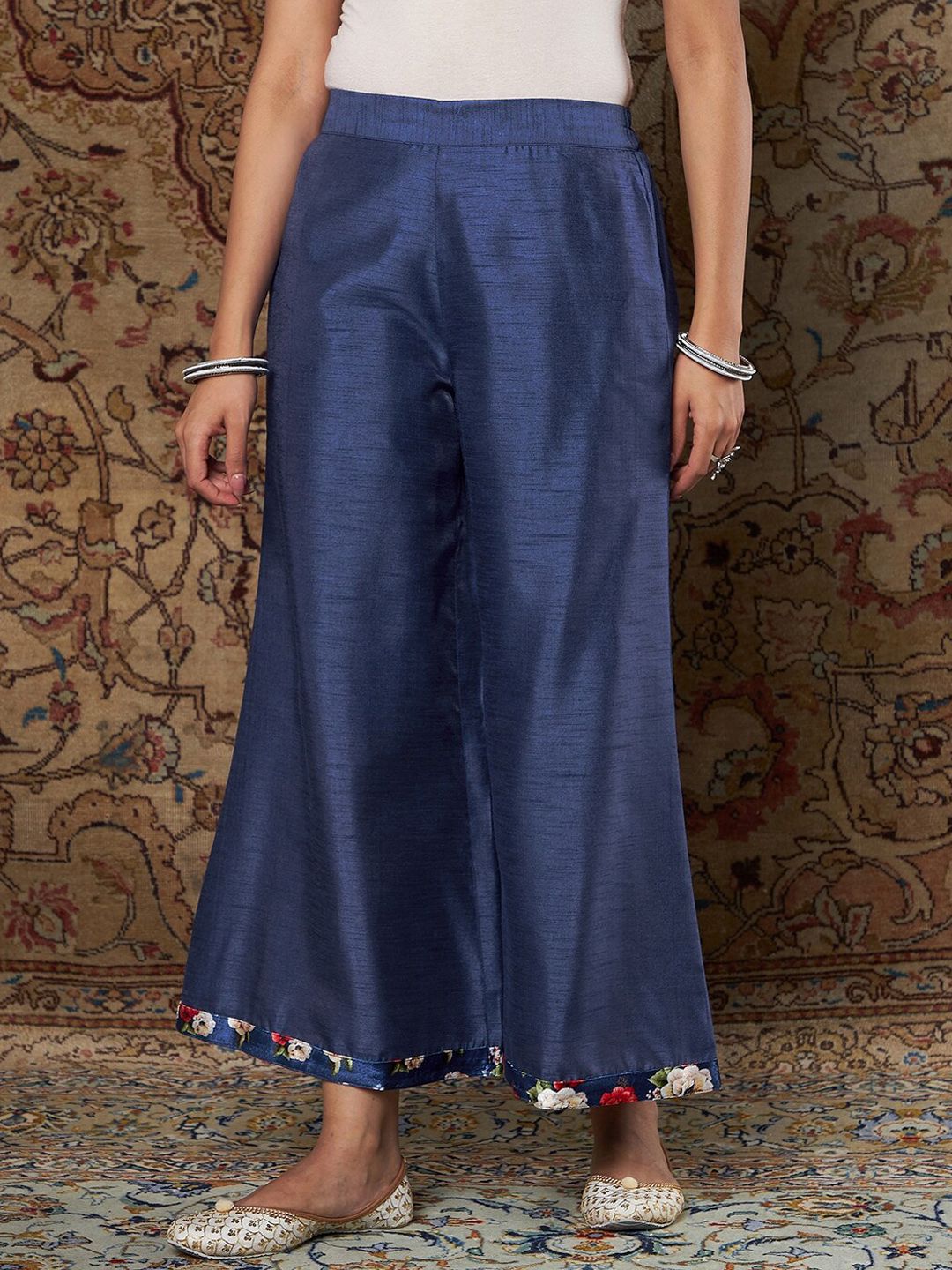 Shae by SASSAFRAS Women Blue Floral Printed Pleated Velvet Kurta with Palazzos