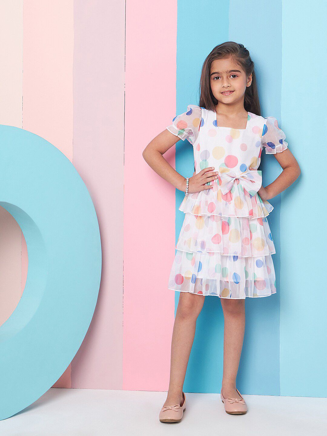 pspeaches Girls Geometric Printed Layered Fit & Flare Dress