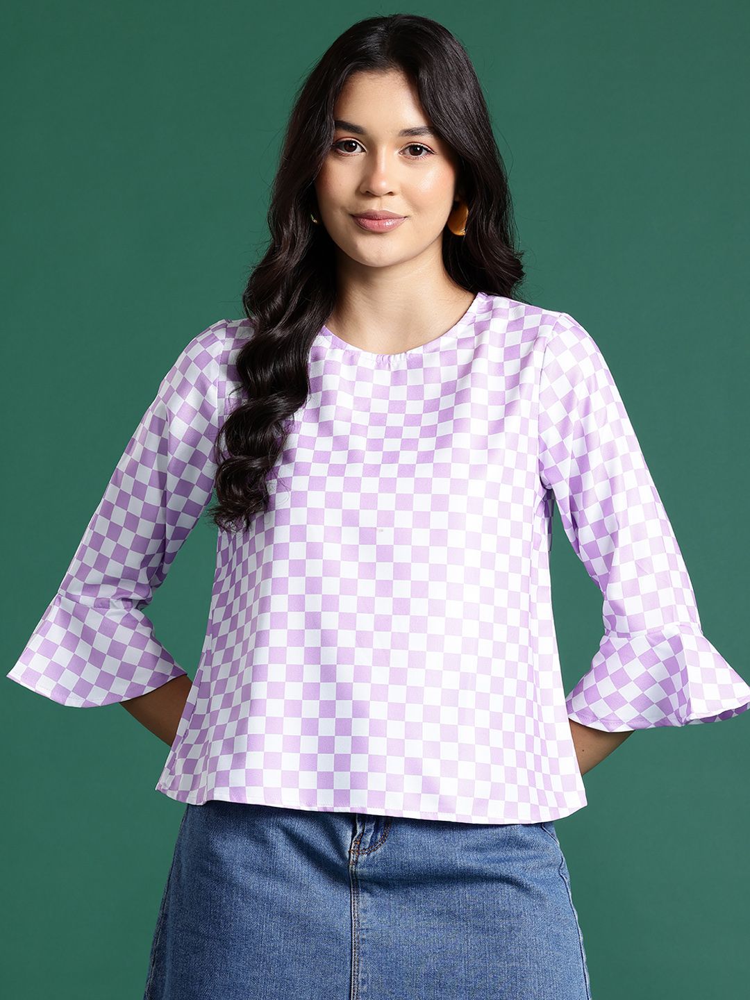 DressBerry Checked Bell Sleeves Back Tie-Up Top