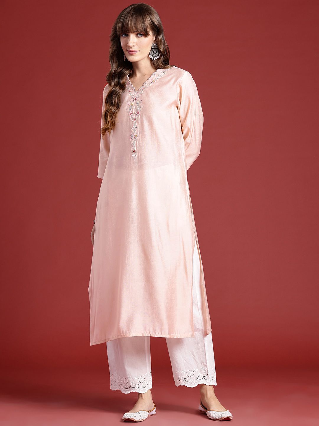 Anouk Floral Embroidered V-Neck Beads & Stones Studded Straight Kurta