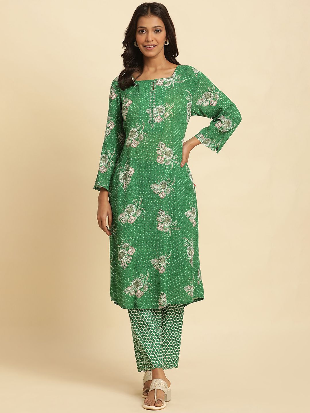 W Green Floral Printed Keyhole Neck Kurta