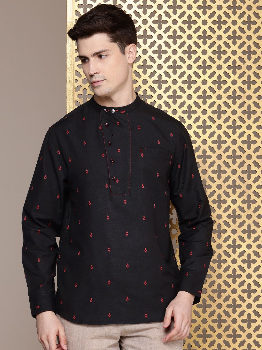 House of Pataudi Men Embroidered Mandarin Collar Thread Work Kurta