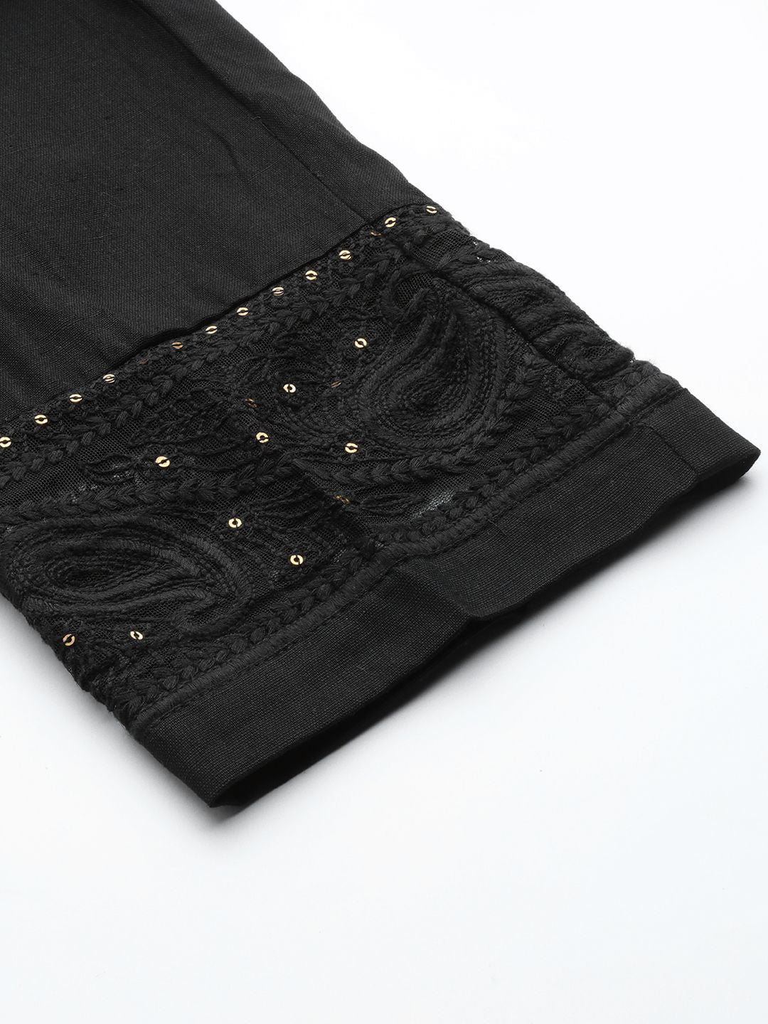 Anouk Women Black Cropped Pure Cotton Cigarette Trousers with Lace Detail