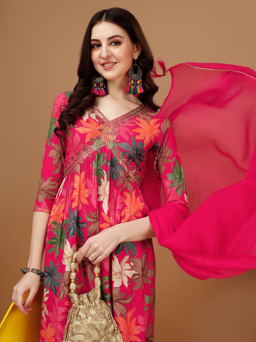KALINI Floral Printed Kurta & Trousers With Dupatta