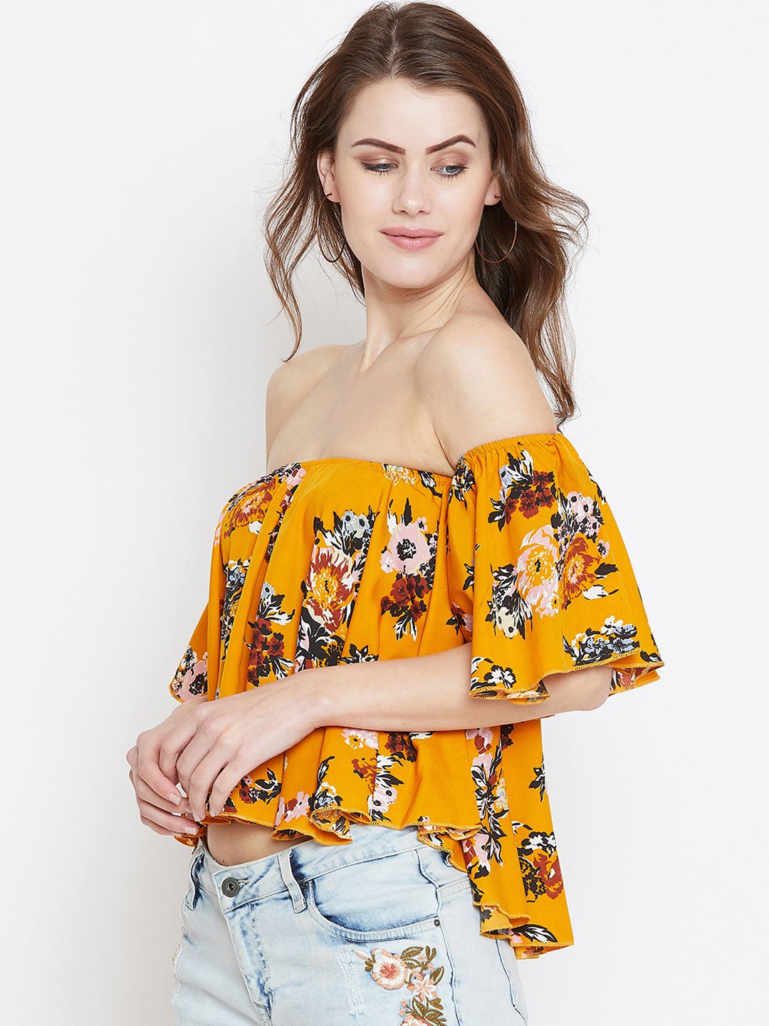 Berrylush Women Mustard Floral Printed Bardot Top