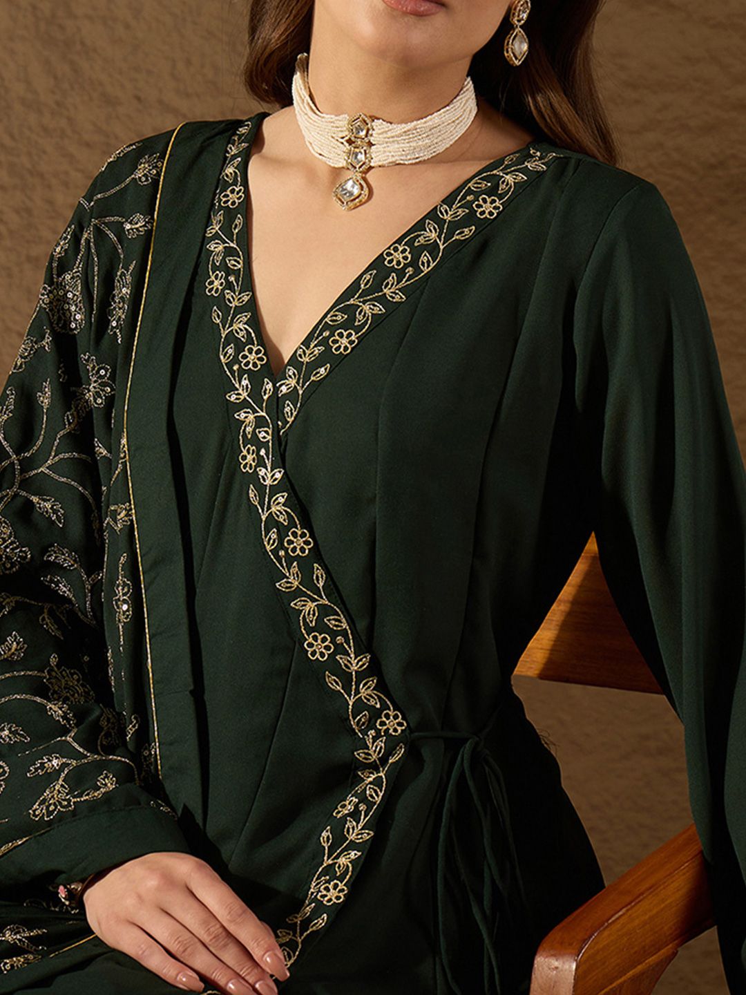 KALINI Floral Embroidered V-Neck Angrakha Kurta with Trousers & Dupatta