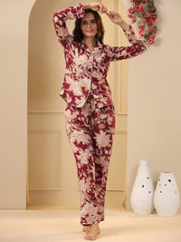 SANSKRUTIHOMES Maroon & Beige Floral Printed Pure Cotton Night Suit
