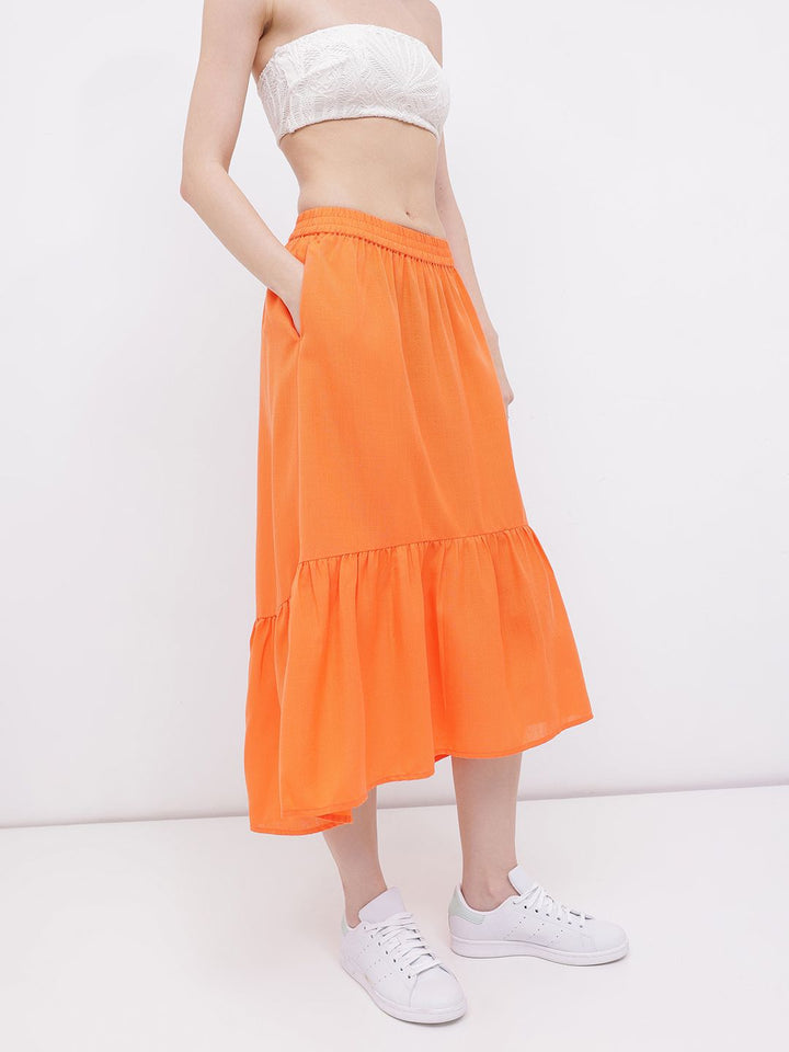 DressBerry Women Dream In Orange Gathered A-line Midi Skirt