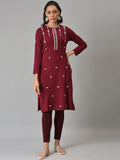 W Women Red Embroidered Keyhole Neck Thread Work Kurta