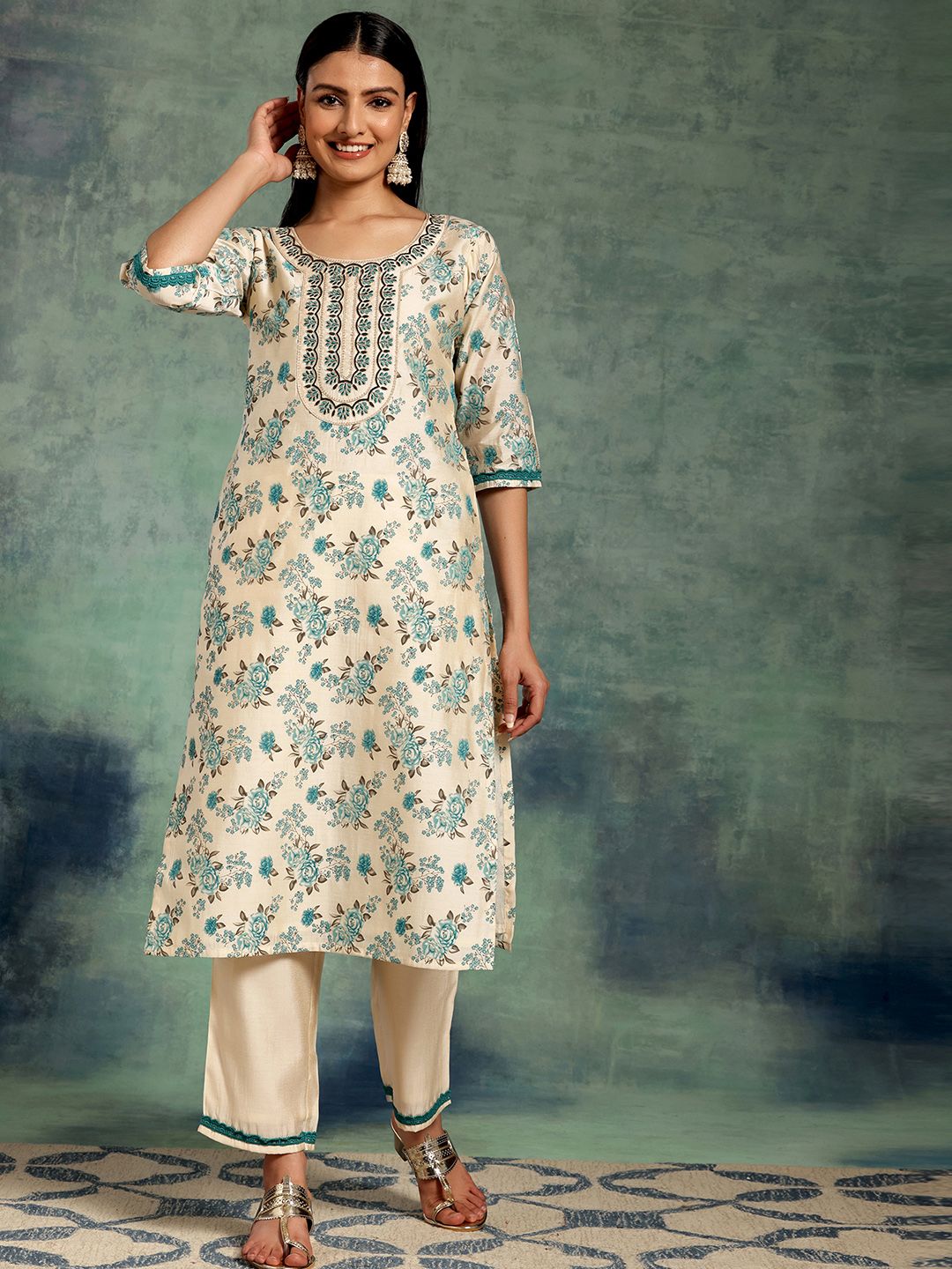 Libas Floral Printed Regular Chanderi Silk Kurta with Palazzos