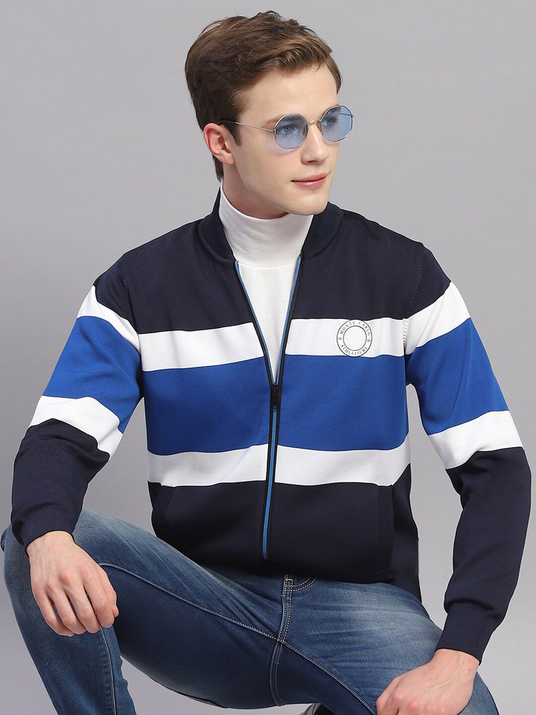 Monte Carlo Striped Stand Collar Cardigan Sweater